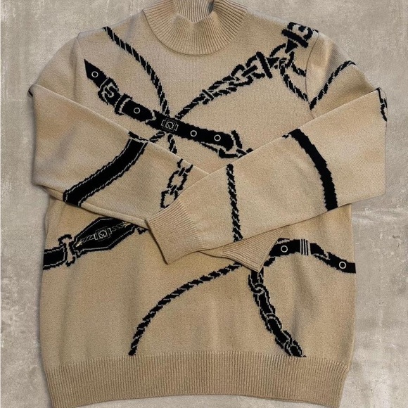 St. John Sweaters - St. John Beige Turtleneck Sweater with Black Rope & Belt Graphic
